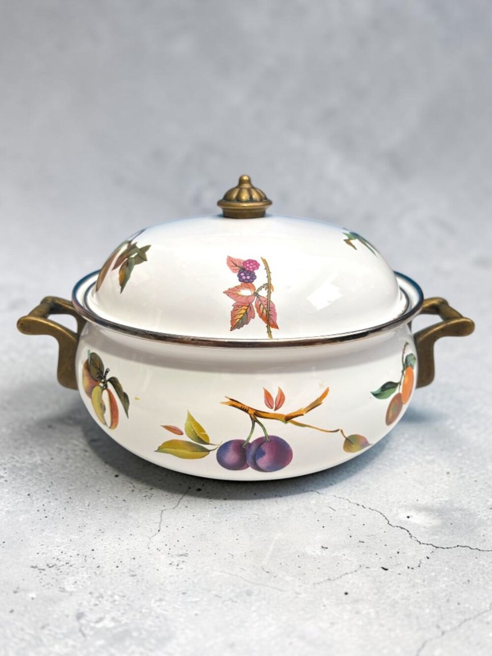 Vintage Enamel Fruit Motif Casserole Dish With Lid & Brass Handles